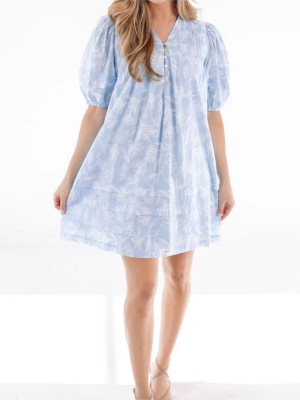 Light Blue Floral Mini Dress with Puff Sleeves